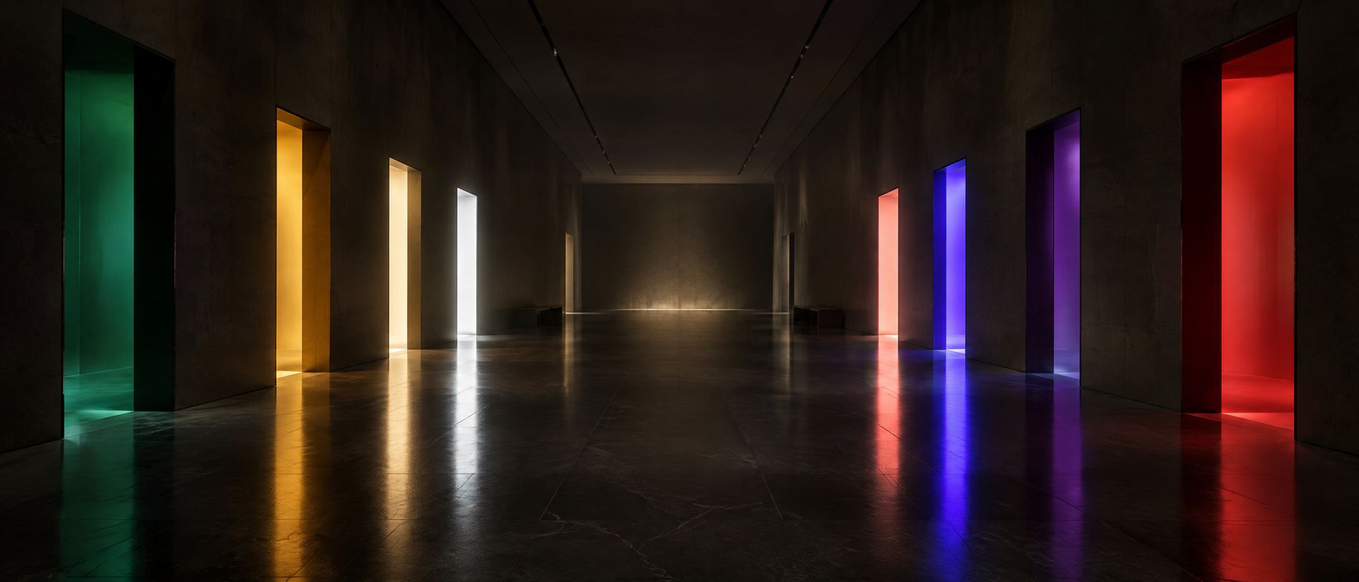 Un corridoio con otto porte di luce, una per mondo
