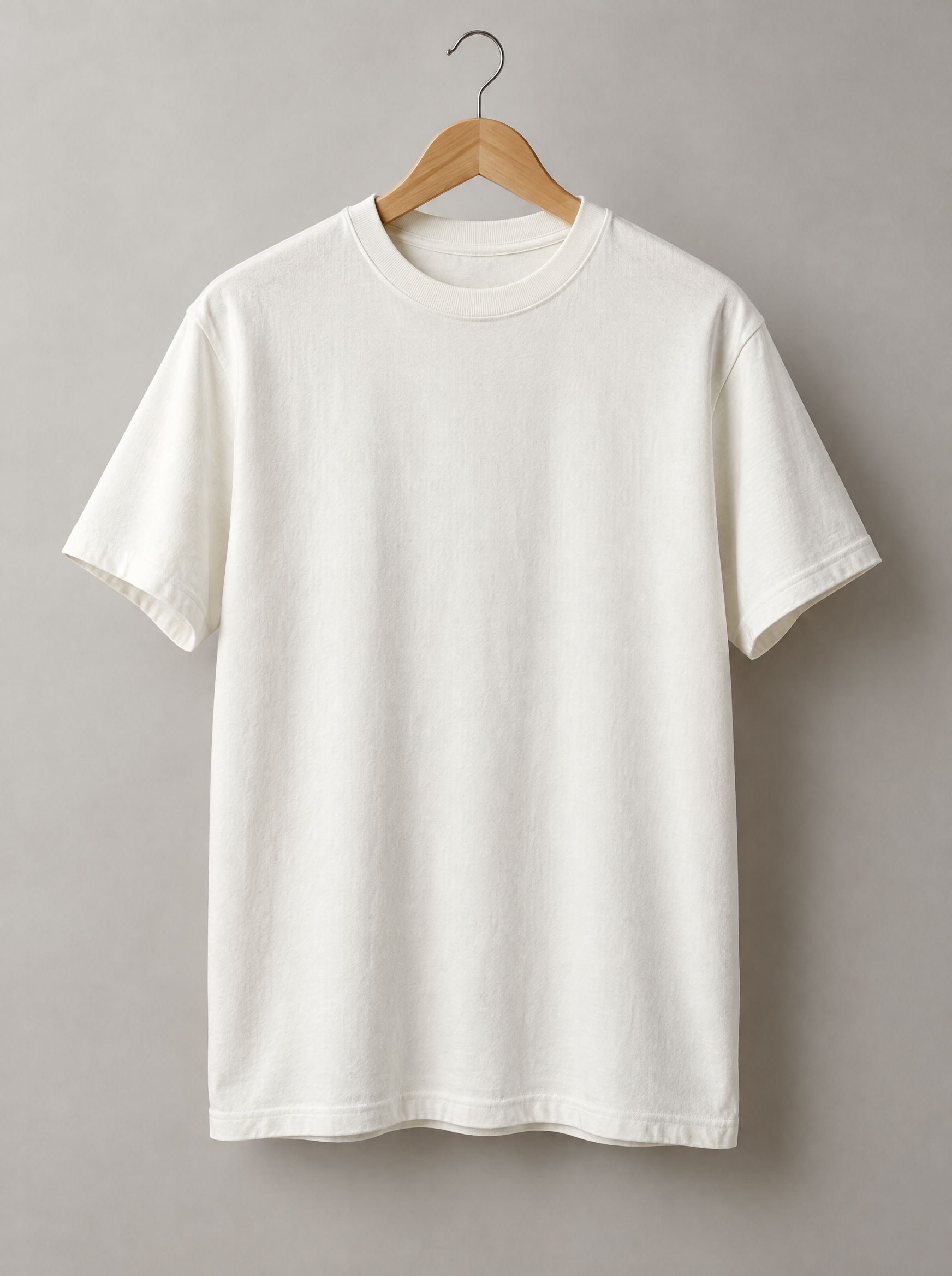Una t-shirt bianca di cotone pesante appesa a una gruccia di legno